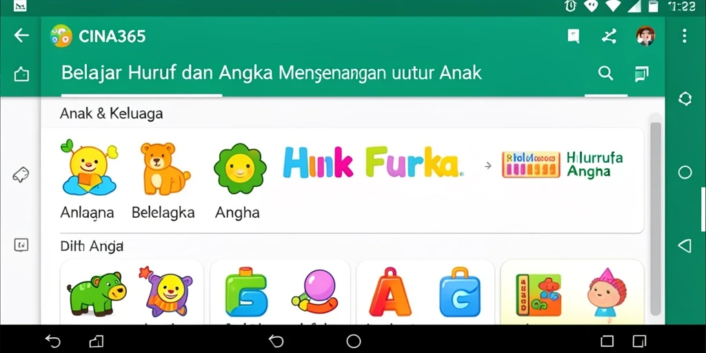 Tampilan menarik dan interaktif CINA365 untuk belajar huruf dan angka.