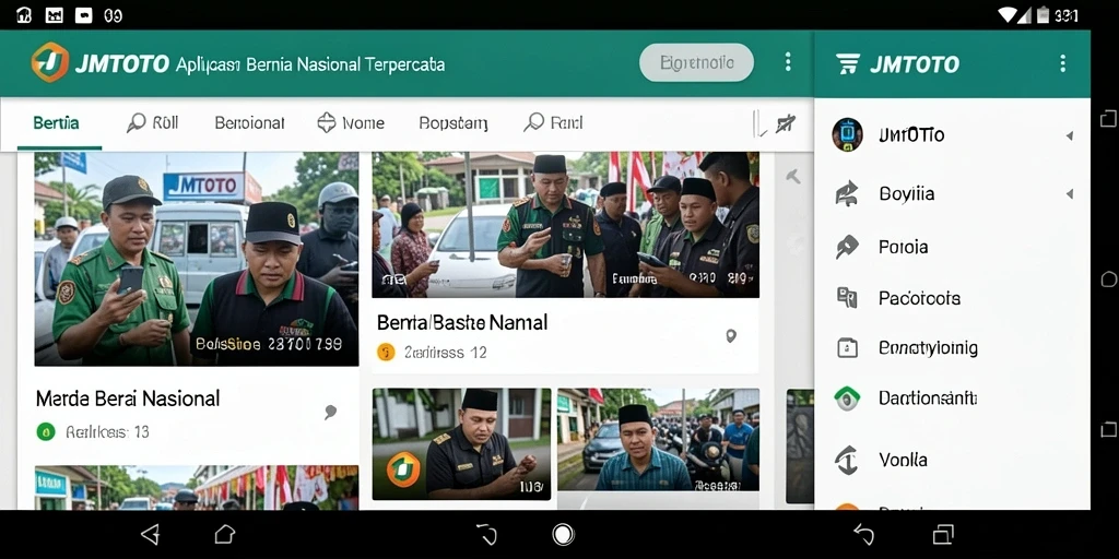 Antarmuka aplikasi JMTOTO yang menampilkan berbagai berita nasional.
